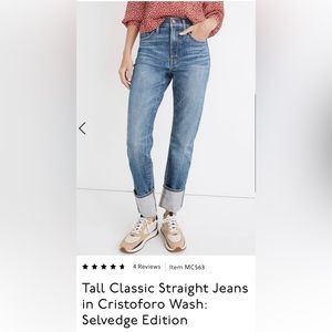 Madewell Classic Straight Jeans Selvedge edition, Size 29 tall